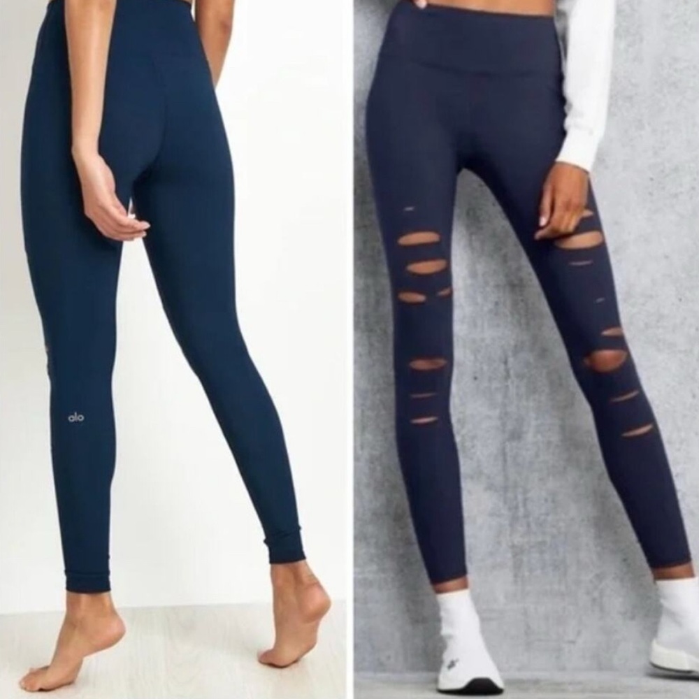 Alo Yoga Navy Blue High-Waist Ripped Warrior Leggings XS Distressed W0242R